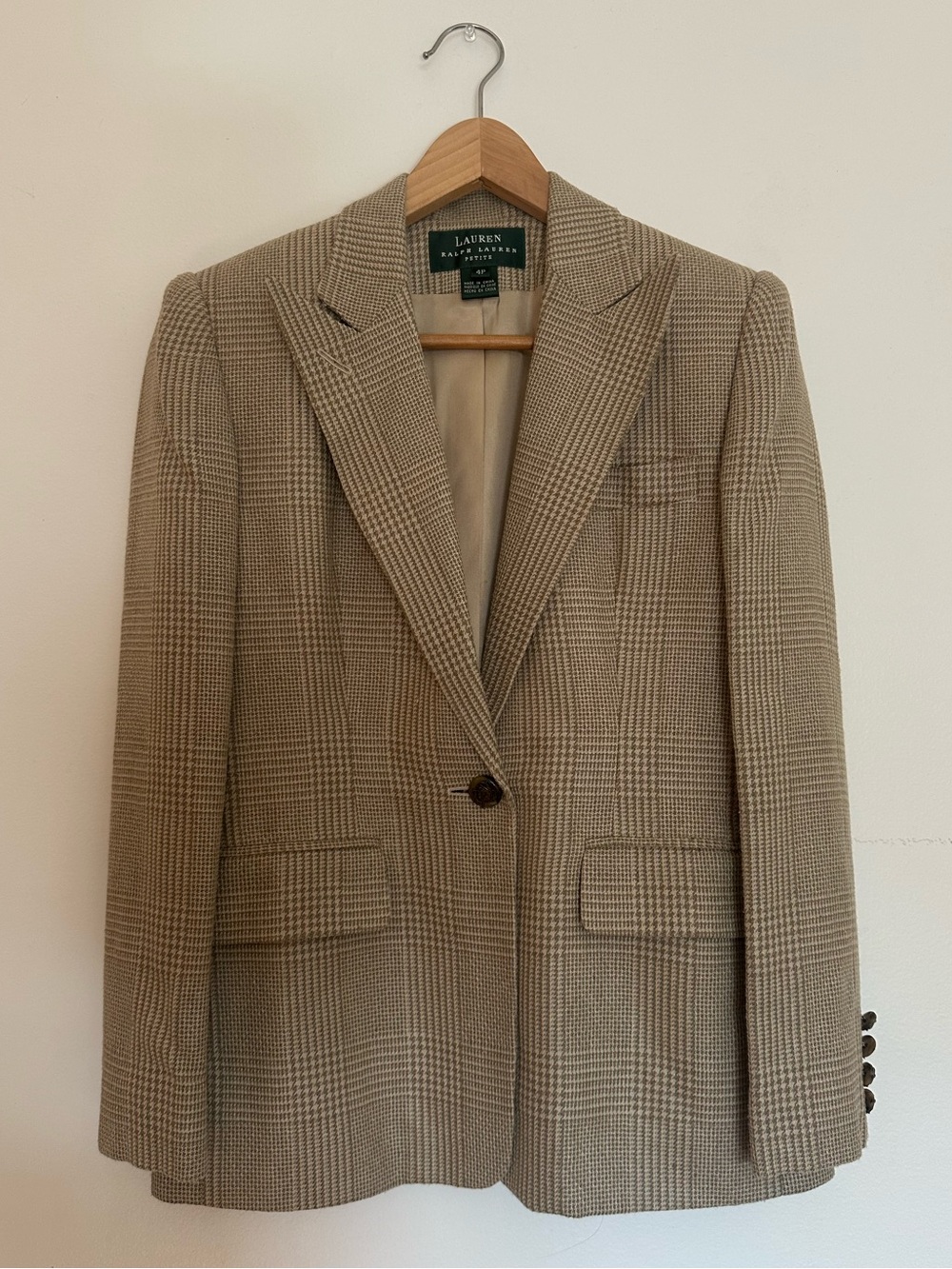 VTG 100% Silk Lauren Ralph Lauren Plaid Blazer Jacket Brown Tan Petite 4P